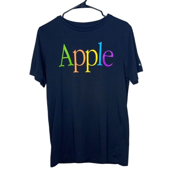 Apple Small Men T-Shirt Employee Rainbow Center Logo Black Short Sleeve Cotton - Picture 1 of 5